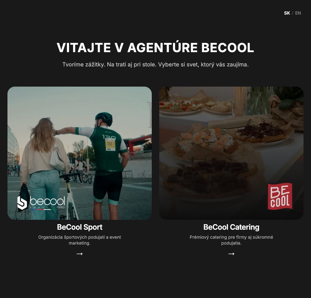 BeCool agency website with separate entrances for sport and catering
